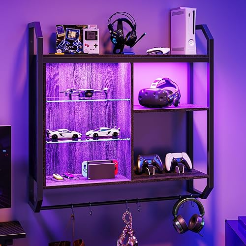 Bestier Gaming Floating Shelves, 34" LED Wall Mounted Shelf with Adjustable Glass Shelf, Pipe Shelves Hanging Display Rack Bookshelf with 6 S-Hook, Gaming Room Decor Wine Coffee Bar Black - 34 inch - Black