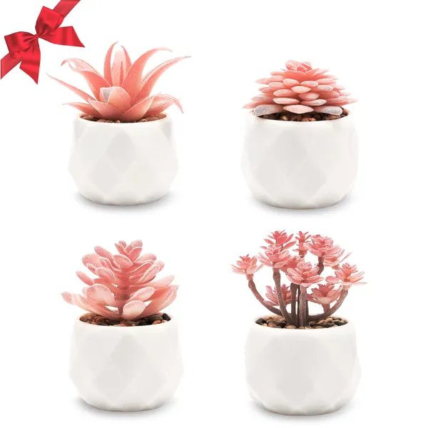 VIVERIE Rose Pink Faux Succulents in White Ceramic Pots (Set of 4) - Fall Plants Artificial Fall Decorations for Room, Home Decor Accents, Home Shelves, Centerpieces, Cute Christmas Decor, Mum Gifts