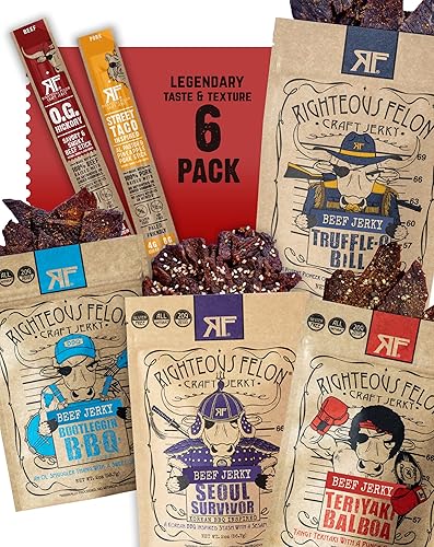 Righteous Beef Jerky Variety Pack Gift Basket - Great Gifts for Men | Gluten Free, High Protein Healthy Snack | Beef, Pork, & Turkey Jerky Variety Snack Pack | Fan Favorites 6 Pack - Favorite 6 Pack
