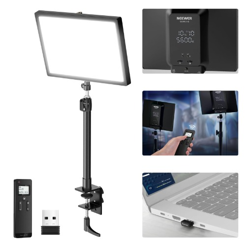 NEEWER GL25B Key Light for Streaming, 2.4G & PC/Mac APP Control 25W 1400lm 2900K-7000K CRI98+ Dimmable Edge Emitting Ultra Quiet Webcam Video Light with Desk Stand, 2.4G RT100 Remote & USB Transmitter