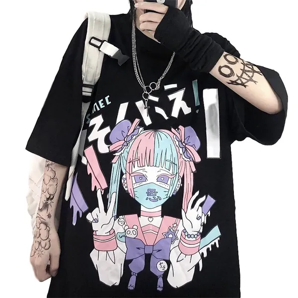 FASANIY Kawaii Harajuku Girl Women's T-Shirt Pastel Goth Clothes Anime Yamikawa Plus Size Tops Japanese Oversized (Japanese 5XL, 01-Kuro Background), 5X-Large, Pastel, 5X-Large