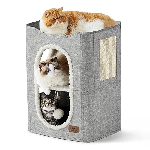 Bedsure 2-Level Cat House for Indoor Cats - Small Cat Towers with Scratch Pad and Hideaway Condo, Cat Cave Bed Furniture for Multi Pets and Large Cats, 18x14x23 inches, Grey - Double - Grey
