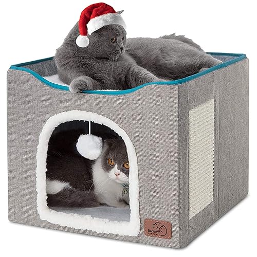 Bedsure Cat Beds for Indoor Cats - Large Cat Cave for Pet Cat House with Fluffy Ball Hanging and Scratch Pad, Foldable Cat Hideaway,16.5x16.5x13 inches, Grey - Single - Grey