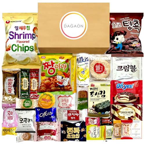 Dagaon Favorite Korean Snack Box 30 Count - Appetizing Gift and Care Package for any occasions and everyone. Variety of Korean Treats Including Top Picked Chips, Biscuits, Cookies, Pies, Candies.