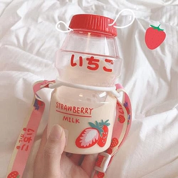 Oagsln 【Send Matching Straps】 480ml Plastic Water Bottle Tour Drinking Bottle Cute Kawaii Milk Carton Shaker Bottle Strawberry Clear Plastic Water Bottle
