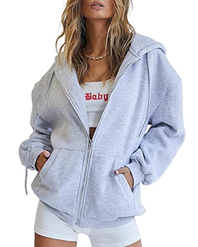 AUTOMET Womens Zip Up Hoodies Long Sleeve Fall Oversized Sweatshirts Fleece Y2K Jacket with Pockets - Large - Grey