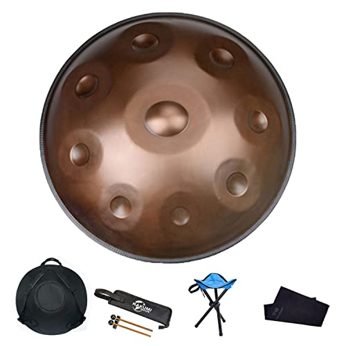 Hand pan drum in D Minor 9 notes D3 A Bb C D E F G A) with Drum Mallets Carry Bag - 22‘’-9note - Gold