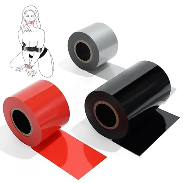 BDSM Bondage Restraints Tape Set – UTIMI Adult Toy Sexual Restraint Tape Reusable Pull-up Binding PVC Static Electrostatic Tape for Couples 82ft （3 Rolls） - Red, Silver, Black