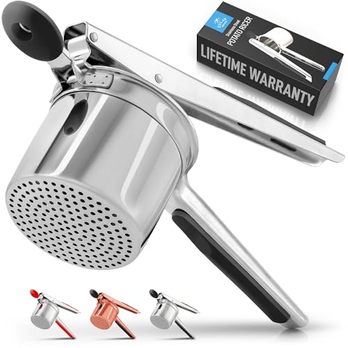 Zulay Kitchen Large 15oz Potato Ricer, Heavy Duty Stainless Steel Potato Masher and Ricer for Mashed Potatoes, Mashed Potato Masher & Potato Press Kitchen Gadget for Perfect Mashed Potatoes - Fixed Disc - Silver/Black