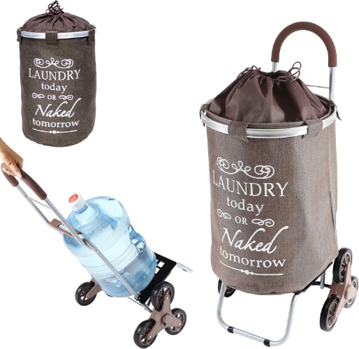 dbest products Laundry Trolley Dolly, Brown Laundry Bag Hamper Basket cart with wheels sorter - Brown Stair Climber