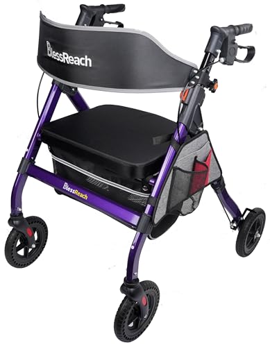 BlessReach Heavy Duty Rollator Walker - Aluminum Rolling Walker for Seniors and Adults with Large Seat, Support Up 450 lbs (Purple)