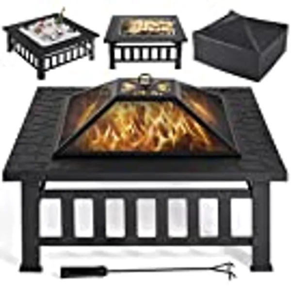 Yaheetech 34in Fire Pit Table Outdoor Fire Pits Square Steel Stove with Mesh Screen, Waterproof Cover & Poker for Outside Patio Bonfire Camping