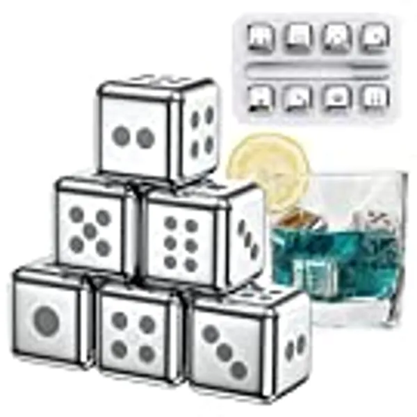 Whiskey Stones Reusable Ice Cubes for Drinks Stainless Steel Metal Airtight Ice Cube for Whiskey Scotch Bourbon, with Barware Tool Sets (6pcs Dice)
