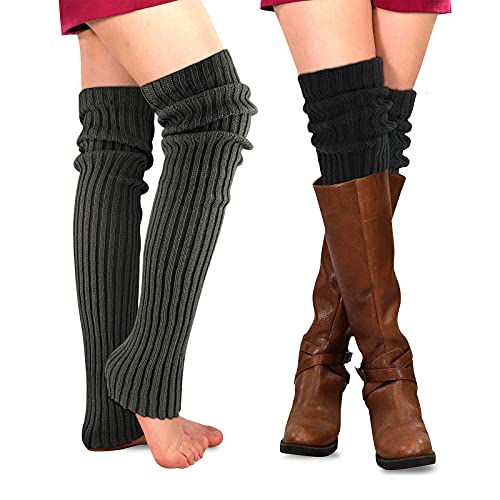 PHOGARY 2 Pairs Winter Leg Warmers for Women, Thigh High Socks Over Knee Footless Socks Crochet Knitted Long Boot Socks High Boot Cuffs Boot Topper Socks Leg Cuffs Boot Warmers for Girls - Black+Dark grey