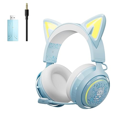 SOMIC Cat Ear Headphones, 2.4G/Bluetooth Wireless Gaming Headset for PS5, PS4, PC with RGB Lights and Retractable Mic, 10Hrs Playtime, 7.1 Surround Sound for Laptop, Smartphone-GS510 Pro - Blue - Blue