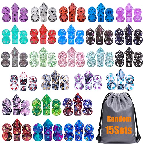 15 Sets Random Multi Colored Assortment Polyhedral RPG Dice (105pcs),Surprise Mystery Mini Dice Set,10mm Mini DND Dice Set for MTG,RPG,D&D Dungeons and Dragons Role Playing Game - Random