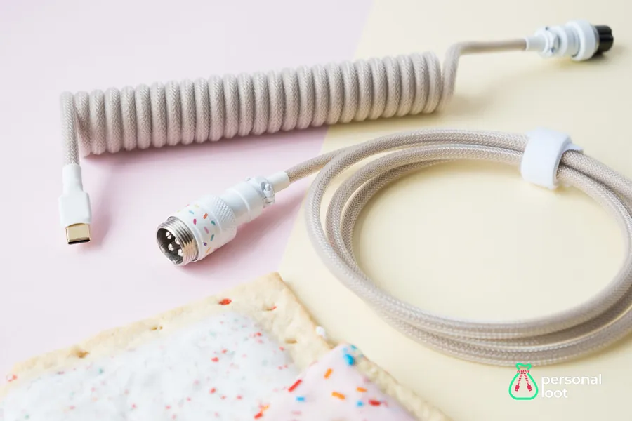 Pop Tart Themed Custom Coiled Keyboard USB Cable With White Coloured Aviator and Sprinkles Artwork | Made to Order For Mechanical Keyboards