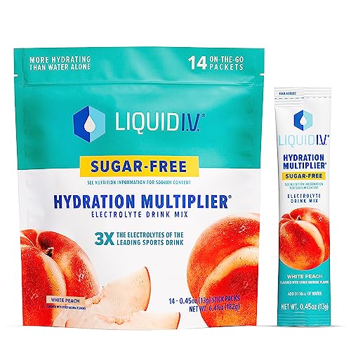 Liquid I.V. Sugar-Free Hydration Multiplier - White Peach – Hydration Powder Packets | Electrolyte Drink Mix | Easy Open Single-Serving Sticks | Non-GMO | 1 Pack (14 Servings) - Sugar Free White Peach - 0.56 Ounce (Pack of 14)