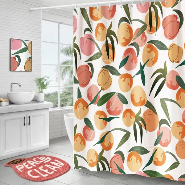 ACITLY Shower Curtain 72"×72" Peach Bathroom Decor Set with Bath Mat, Boho Peachy Pink Bathroom Rug Cute Cartoon Plush Shower Mat Funny Non-Slip Absorbent, Waterproof Bright Shower Curtain 12 Hooks - Peach