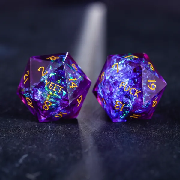 Sharp Edge Purple Glitter Resin DnD Dice Set YEET FUCK Dice