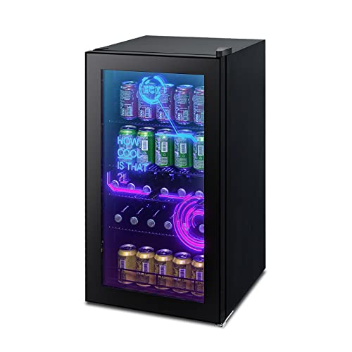 HCK beverage fridge, small bottle fridge with cyberpunk modern lighting, mini fridge 0-10 °C, beer fridge 3.5 cu.ft., for gaming room, party, black - Cyberpunk style beverage refrigerator