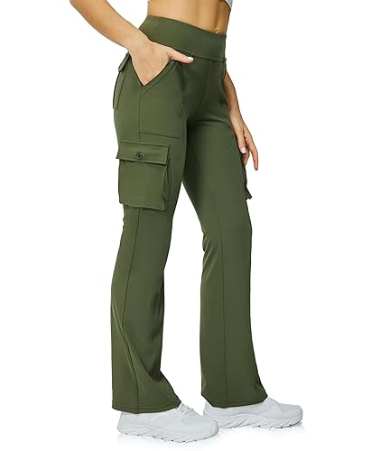 Yoga Flare Leggings for Women High Waisted Yoga Casual Pants Workout Leggings Cargo with 6 Pockets Bootcut Pants - Army Green - XX-Large