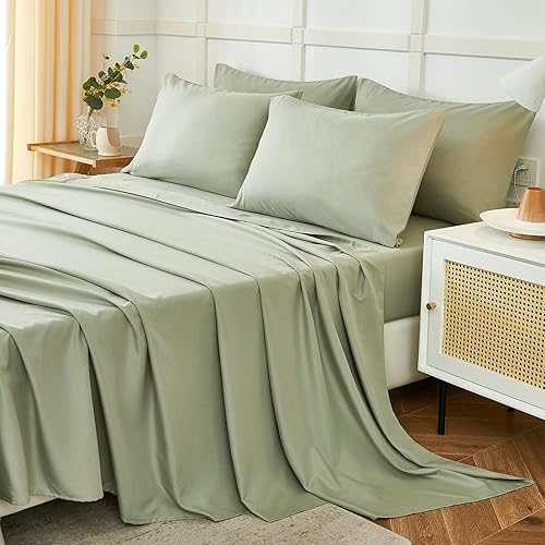 ILAVANDE Sage King Size Sheets Set 6 Piece,Super Soft 1800 Series Microfiber Bed Sheets King Set-Wrinkle & Fade Resistant-14“ Deep Pockets Sheets for King Size Bed(King,Sage Green) - Sage Green - King(6pc)