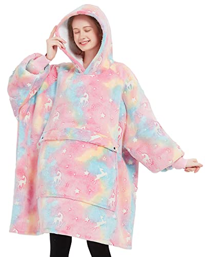 Glow in The Dark Wearable Blanket Hoodie for Adults Sherpa All Patterns Oversized Sweatshirt Blanket with Pockets Cute Gifts for Women Rainbow - Glow in the Dark-rainbow Elk - Adult