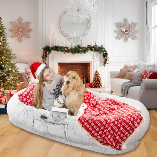 WROS Human Dog Bed, 71"x45"x14" Dog Beds for Humans Size Fits You and Pets, Washable Human Dog Bed for People Doze Off, Napping Orthopedic Bed, Present Plump Pillow, Blanket, Strap - Grey - 71.0"L x 45.0"W x 12.0"Th - Grey-Christmas