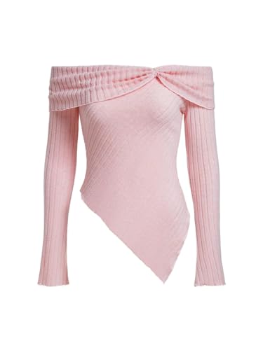 Women Off Shoulder Top Y2K Long Sleeve Lace Trim Knit Shirt Fashion Cute Solid Pullover Sweater - Medium - I-irregular Long Sleeve Pink Shirt