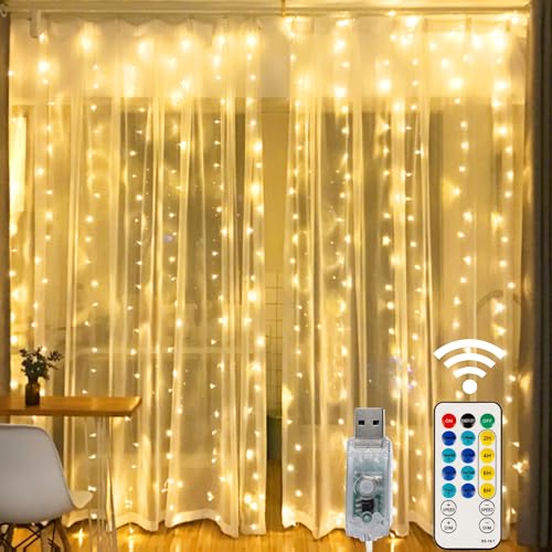 HOME LIGHTING Window Curtain String Lights, 300 LED 8 Lighting Modes Fairy Copper Light with Remote, USB Powered for Christmas Party Wedding Home Decorations (Warm White) - Warm White