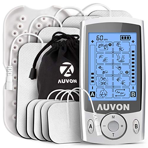 AUVON Dual Channel TENS Unit Muscle Stimulator Machine with 20 Modes, 2" and 2"x4" TENS Unit Electrode Pads - A Sliver