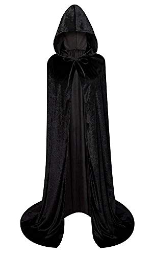 Unisex Full Length Hooded Robe Cloak Long Velvet Cape Cosplay Costume - Large - Black