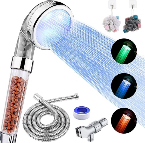 FASTRAS LED Shower Head with Handheld, Shower Head High Pressure Shower Head with Hose, Holder & PTFE Tape etc, 3 Water Temperature-Controlled Water Saving Filtered Shower Head for Dry Hair& Skin… - 