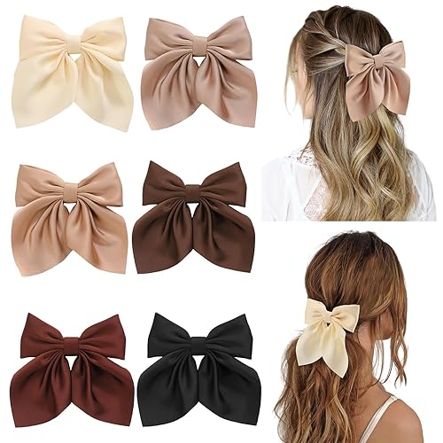 6Pcs Hair Bows for Women, Bow Hair Clips, Silky Satin Hair Bows for Girls, Neutral Colors Hair Ribbon, Cute Bow Clips for Women, Hair Accessories Christmas Gifts - Brown