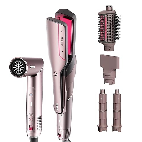 Shark FlexFusion Hair Straightener & Powerful Hair Dryer with Fusion Hair Brush, Ceramic Air Styler with Auto-Wrap Hair Curlers & Concentrator, Ceramic Plates, Cosmic Blush HD641S - Straight & Wavy Hair w/ Straightener