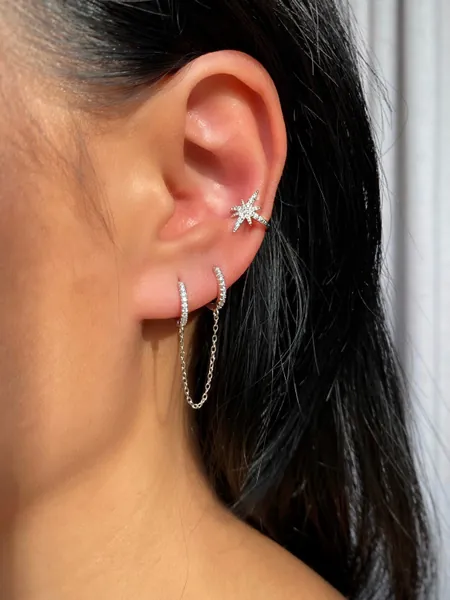 Double Hoops Chain Handcuff Earring, Drop Chain Earring, Silver Chain Earring, Dangle Link Earring, Double piercing earring set