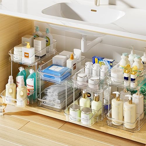 Delamu 4 Pack Bathroom Organizers and Storage, 2 Tier Clear Under Sink Organizer, Pull Out Medicine Cabinet Organizer - 4Set-Clear
