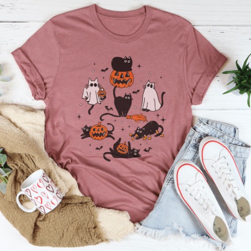 Halloween Cats Tee - Mauve / M