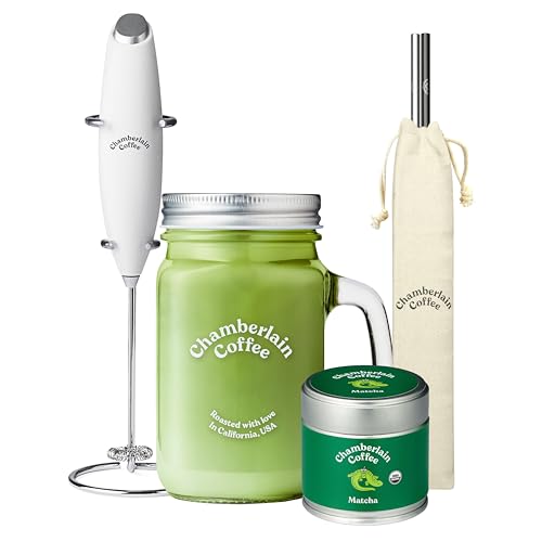 Chamberlain Coffee Matcha Starter Pack - Green Tea Matcha Powder Kit - Ceremonial Grade Matcha Tea, Milk Frother, Mason Jar, Stainless Steel Straws - 1.06 Oz Tin - Original Matcha