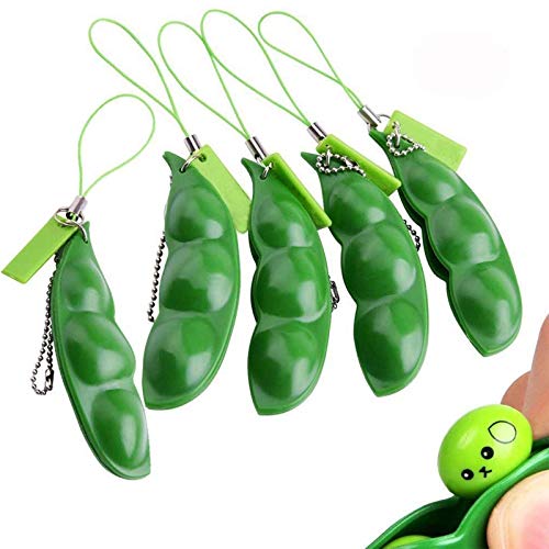 Anpole 5 Pack Peapod Fidget Toy, Squeeze-a-Bean Edamame Pea Popper Keychain Keyring Extrusion Bean Pea Soybean Stress Relieving Chain Toys (5pcs) - 5pcs