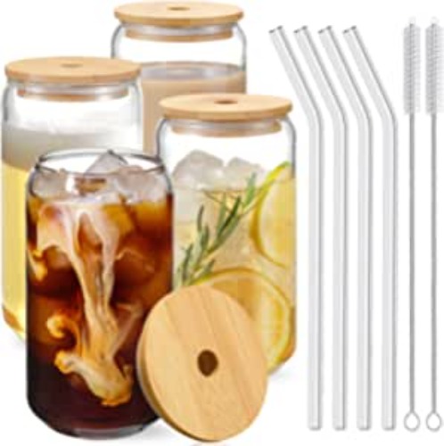 Drinking Glasses with Bamboo Lids and Glass Straw 4pcs Set - 16oz Can Shaped Glass Cups, Beer Glasses, Iced Coffee Glasses, Cute Tumbler Cup, Ideal for Cocktail, Whiskey, Gift - 2 Cleaning Brushes