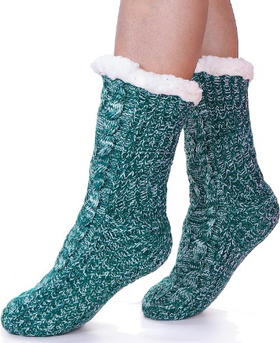 Women Fuzzy Slipper Socks Fluffy Cozy Cabin Winter Warm Fleece Plush Knit with Grips Non Slip Socks - Knit-green