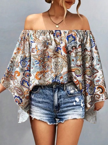 Spring/Summer Women's One Shoulder Floral & Paisley Print Blouse Vacation Outfits Woman