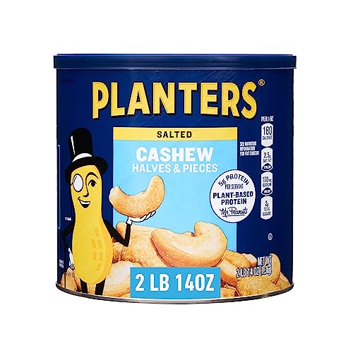 PLANTERS Salted Cashew Halves & Pieces, Party Snacks, Plant-Based Protein, 2 Lb 14 Oz Canister - Salted - 2.87 Pound (Pack of 1)