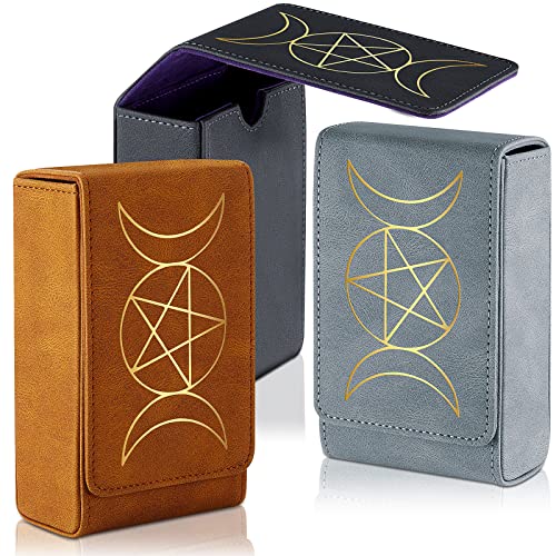 3 Pcs Leather Tarot Card Case Holder Sun Moon Tarot Box Tarot Card Bag Universal Game Tarot Deck Holder, Tarot Organize Storage Box for Most Standard Size Tarot Cards, Black, Grey, Brown