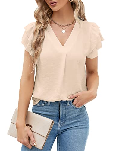 Blooming Jelly Womens Dressy Casual Shirts Short Sleeve V Neck Work Blouse Business Casual Tops - Large - Apricot