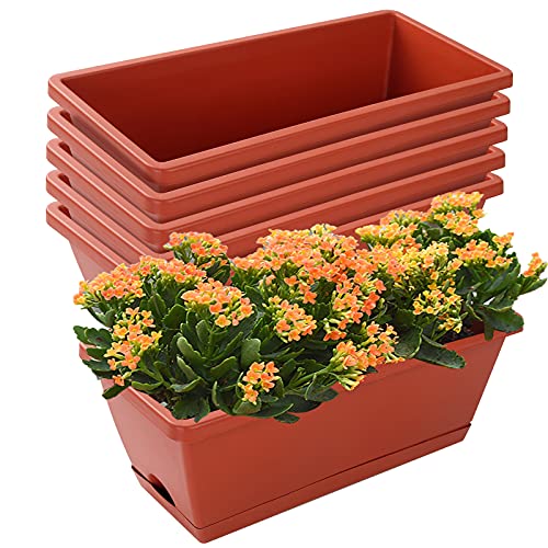 CHUKEMAOYI Window Box Planter, 7 Pack Plastic Vegetable Flower Planters Boxes 17 Inches Rectangular Flower Pots with Saucers for Indoor Outdoor Garden, Patio, Home Decor - Red