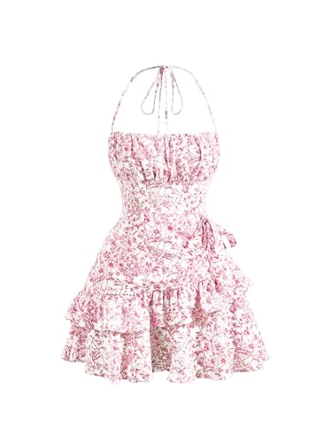 Floerns Women's Floral Print Sleeveless Halter Tie Back Layered Hem Cami Mini Dress - Large - Pink and White