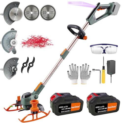 YUEWXTER Electric Weed Wacker, (21V 2x4.0A Weed Eater Battery Powered), 4-in-1 Grass Trimmer/Wheel Edger/Mini-Mower/Brush Cutter, with 2 x Saw Blades, 2 x Metal Blades, 20x Grass Cutting line - Weed Eater/Pure copper motor（2x4.0Ah）